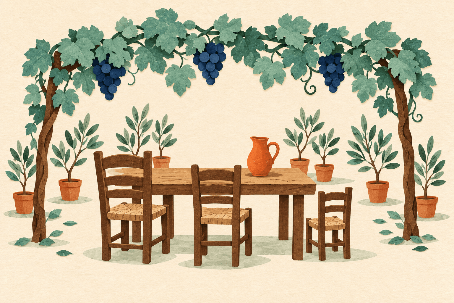 Paper-cut illustration of a wooden table with three differently sized chairs beneath a grapevine canopy, surrounded by olive saplings, with a persimmon-orange pitcher on the table.